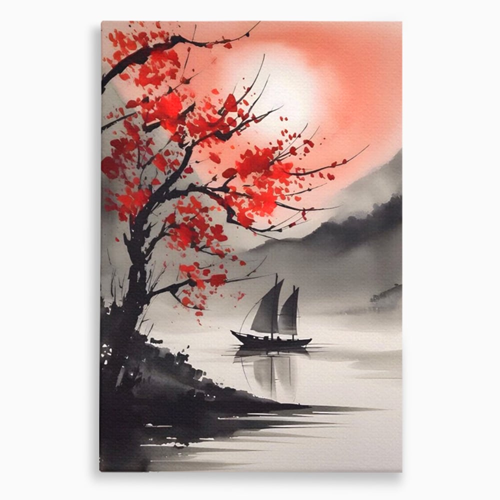 Tablou canvas cu tablou canvas cu barca si copac rosu, fara rama, pe sasiu de lemn